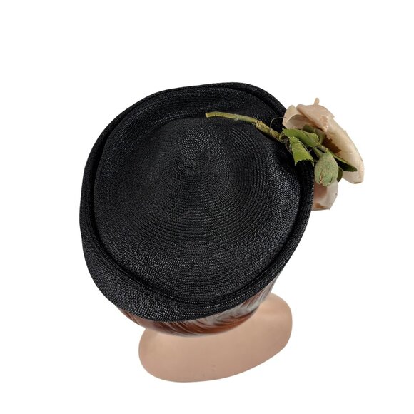 Vintage 50s Rose Hat Pink Black Woven Straw Round Pillbox Charmer - Picture 6 of 10